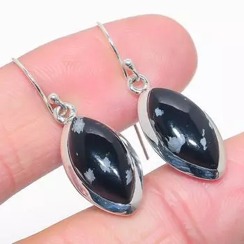 Серьги из чистого серебра 925 пробы с натуральным обсидианом и снежинкой, размер 1,50 дюйма, e6j88