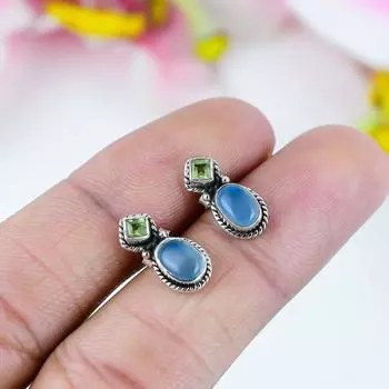 Серьги из чистого серебра 925 пробы с натуральным халцедоном и перидотом, 0,75 дюйма A2g51