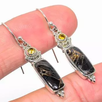 Серьги из чистого серебра 925 пробы с натуральной медью, бирюзой и аметистом, размер 1,75 дюйма, N1b84