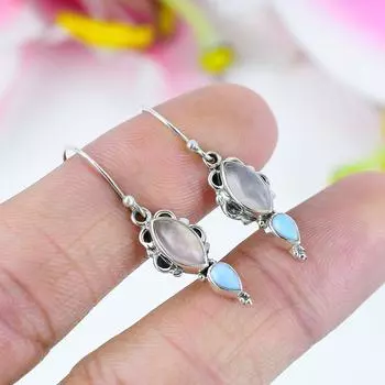 Серьги из чистого серебра 925 пробы с натуральным розовым кварцем и драгоценным камнем Ларимар 1,5 дюйма K3H06