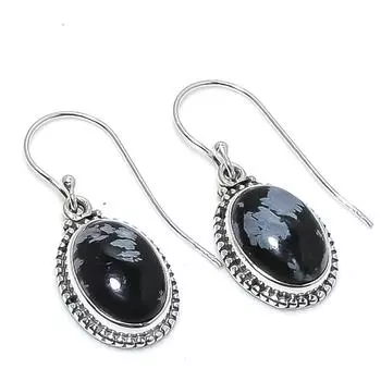Серьги из чистого серебра 925 пробы с натуральным обсидианом и снежинкой диаметром 1,25 дюйма P4M83