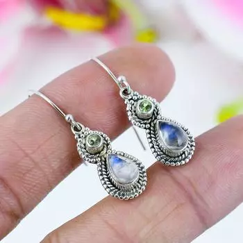 Серьги из чистого серебра 925 пробы с натуральным радужным лунным камнем и перидотом 1,5 дюйма D9s90