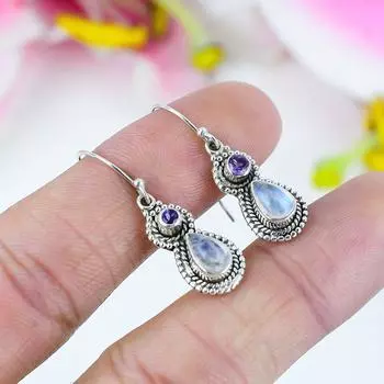 Серьги из чистого серебра 925 пробы с натуральным радужным лунным камнем и аметистом 1,5 дюйма n1i42