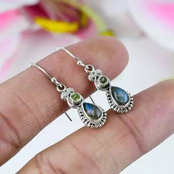 Серьги из чистого серебра 925 пробы с натуральным лабрадоритом и драгоценным камнем перидот 1,5 дюйма r5N87
