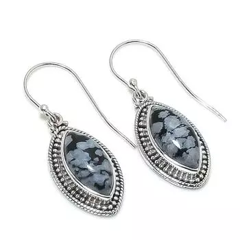 Серьги из чистого серебра 925 пробы с натуральным обсидианом и снежинкой, размер 1,50 дюйма, A6q13