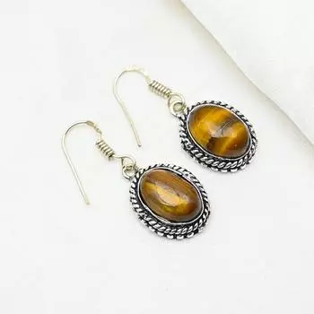 Серьги из чистого серебра 925 пробы с тигровым глазом, серьги с драгоценными камнями ручной работы, подарок маме, антикварные ювелирные изделия 1.41 Inches жёлтый