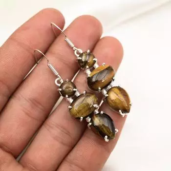 Серьги из чистого серебра 925 пробы с тигровым глазом, серьги с драгоценными камнями ручной работы, подарок маме, антикварные ювелирные изделия 2.08 Inches жёлтый