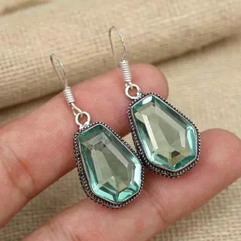 Серьги из драгоценного камня с зеленым аметистом, твердые ювелирные изделия ручной работы из стерлингового серебра 925 пробы 1.57 Inches зелёный