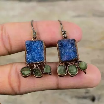 Серьги из драгоценных камней Blue Druzy, медные серьги с гальванопластикой, грубые серьги из зеленого турмалина, ювелирные изделия с гальванопластикой, подарок для нее, серьги ручной работы