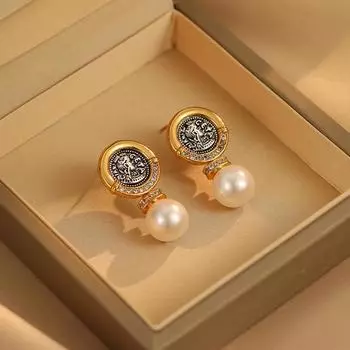 Серьги из двухцветной серии «Древняя монета» с цирконовым жемчугом, женские модные серьги-гвоздики в стиле ретро, серьги-гвоздики с нишевым дизайном и высоким классом 18K