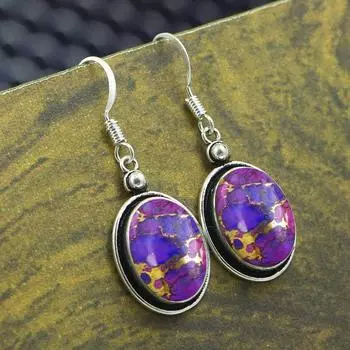Серьги из фиолетовой меди и бирюзы, серебро 925 пробы, овальные серьги, серьги ручной работы, женские украшения