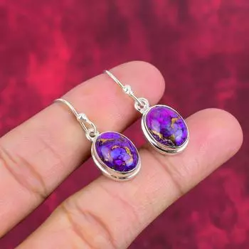 Серьги из фиолетовой меди и бирюзы, ювелирные изделия из цельного серебра 925 пробы, серьги с драгоценными камнями, подарок для нее, изящные ювелирные изделия ручной работы 1.50 Inches фиолетовый