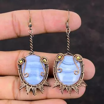 Серьги из голубого кружевного агата, серьги с медной проволокой, серьги с драгоценными камнями ручной работы, серьги-подвески из меди, ювелирные изделия с проволочной оберткой, подарок на помолвку