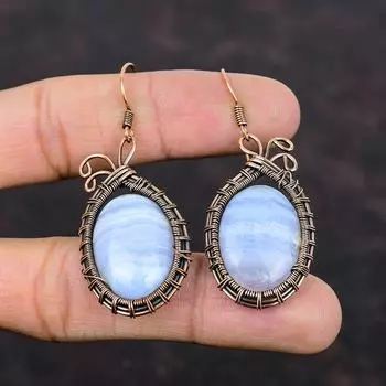 Серьги из голубого кружевного агата, серьги с медной проволокой, ювелирные изделия из драгоценных камней и меди, серьги ручной работы в этническом стиле, ювелирные изделия с проволочной оберткой, подарок для невесты