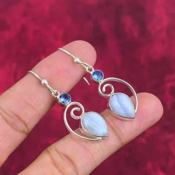 Серьги из голубого кружевного агата, танзанита, драгоценных камней ручной работы, серьги из цельного серебра 925 пробы, антикварные ювелирные изделия, серьги для подарка на помолвку 1.97 Inches синий