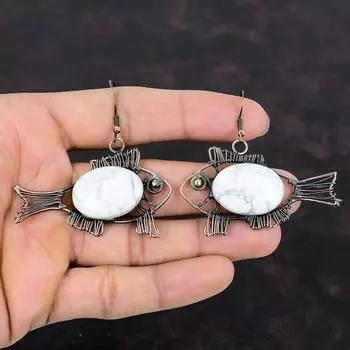 Серьги из говлита, обмотанные медной проволокой, серьги из натуральных драгоценных камней, украшения ручной работы, обмотанные медной проволокой, серьги-рыбки, подарок на помолвку