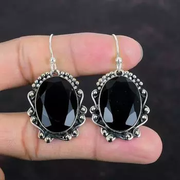 Серьги из граненого черного оникса, серьги из драгоценных камней ручной работы, серьги из стерлингового серебра 925 пробы, потрясающие ювелирные изделия из черного оникса, подарки для нее, совершенно новые серьги