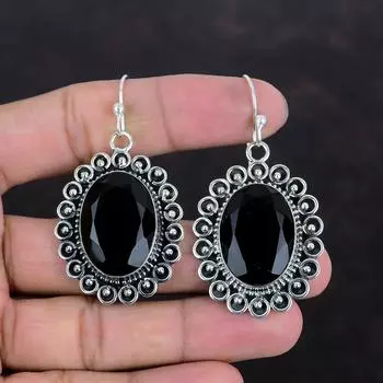 Серьги из граненого черного оникса, серьги из стерлингового серебра 925 пробы, серьги ручной работы, ювелирные изделия из черного оникса, подарки на годовщину, серьги в уникальном стиле