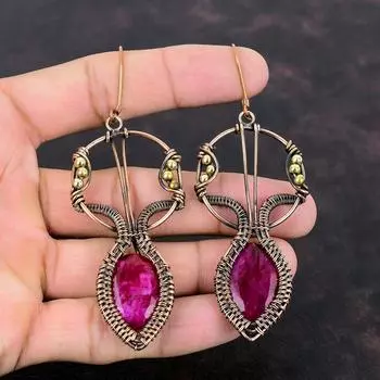 Серьги из граненого кашмирского рубина, медная проволочная обертка, серьги из драгоценных камней, медные серьги ручной работы, элегантные ювелирные изделия, проволочная обертка, подарок для мамы