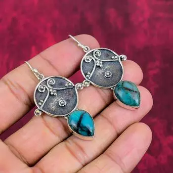 Серьги из хризоколлы, 925 пробы цельные серебряные серьги, ювелирные изделия ручной работы с драгоценными камнями, подарки для жены, абсолютно новые серьги 2.24 Inches синий