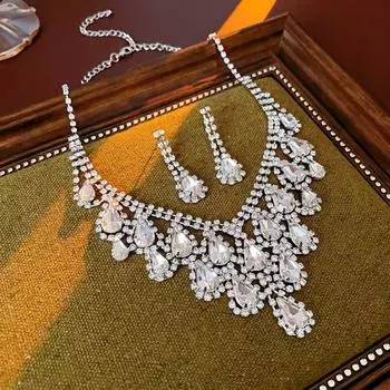 Серьги из хрусталя, сверкающее ожерелье, свадебный комплект украшений со стразами, банкет зелёный