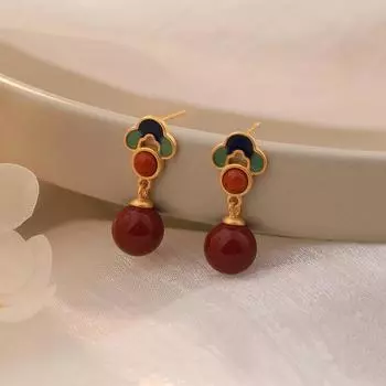 Серьги из киновари в национальном стиле для женщин в год зодиака Простые и универсальные красные серьги в национальном стиле