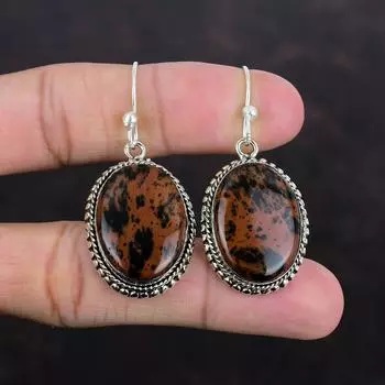 Серьги из красного дерева и обсидиана, винтажные серьги из драгоценных камней, серьги из стерлингового серебра 925 пробы, ювелирные изделия из красного дерева и обсидиана, подарки для нее, серьги ручной работы