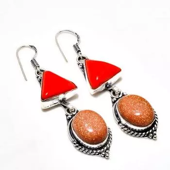 Серьги из красного солнечного камня, красного коралла, посеребренные 925 пробы, 2,27 дюйма