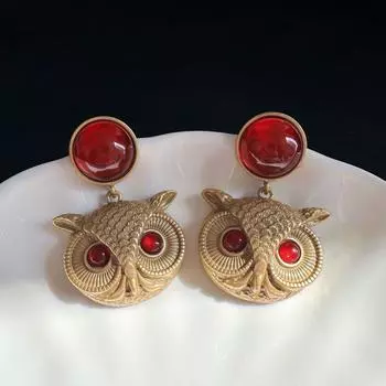 Серьги из красного стекла Mihmily в стиле ретро с совой, элитная и преувеличенная индивидуальность. красный