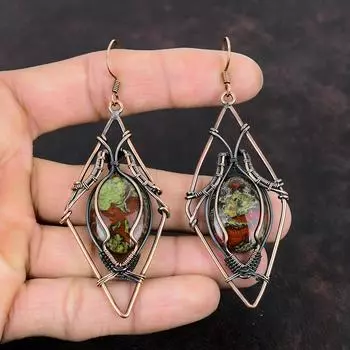 Серьги из кровавого камня дракона, серьги из медной проволоки, ювелирные изделия из драгоценных камней, серьги ручной работы, ювелирные изделия из медной проволоки, подарок для женщин, удивительные серьги