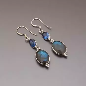 Серьги из лабрадорита, серебро 925 пробы, серьги из лабрадорита и сапфира, женские изящные серьги, серьги с драгоценными камнями Free Size синий
