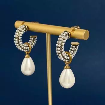 Серьги из латуни в стиле ретро, индивидуальный дизайн, жемчужный темперамент, элегантные серьги-гвоздики в форме буквы С, женские