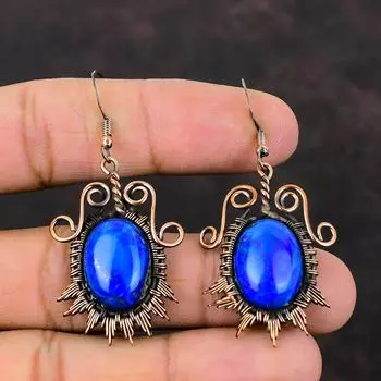 Серьги из лазурита, медная проволочная обертка, серьги ручной работы с драгоценными камнями, медные ювелирные изделия, дизайнерские серьги, подарок жене, проволочная обертка