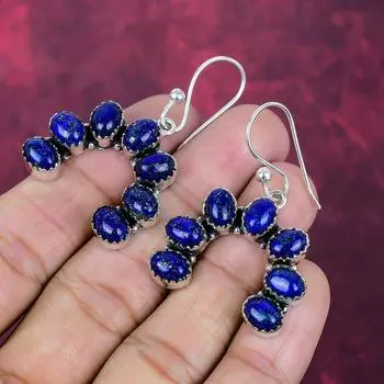 Серьги из лазурита, ювелирные изделия ручной работы, серьги из стерлингового серебра 925 пробы, дизайнерские серьги с драгоценными камнями, подарок для мамы 1.85 Inches