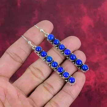 Серьги из лазурита, ювелирные изделия ручной работы, серьги из стерлингового серебра 925 пробы, дизайнерские серьги с драгоценными камнями, подарок для мамы 2.91 Inches синий