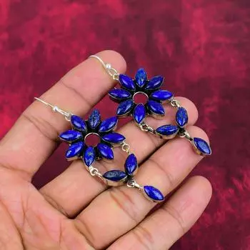 Серьги из лазурита, ювелирные изделия ручной работы, серьги из стерлингового серебра 925 пробы, дизайнерские серьги с драгоценными камнями, подарок для мамы 3.03 Inches синий