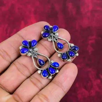 Серьги из лазурита, ювелирные изделия ручной работы, серьги из стерлингового серебра 925 пробы, дизайнерские серьги с драгоценными камнями, подарок для мамы 1.65 Inches синий