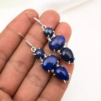 Серьги из лазурита, ювелирные изделия ручной работы, серьги из стерлингового серебра 925 пробы, дизайнерские серьги с драгоценными камнями, подарок для мамы 2.08 Inches синий