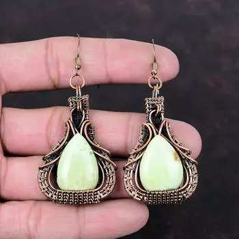 Серьги из лимонного хризопраза, медная проволока, драгоценные камни, ювелирные изделия, серьги ручной работы, женские ювелирные изделия, медная серьга для подарка, серьги, обернутые проволокой