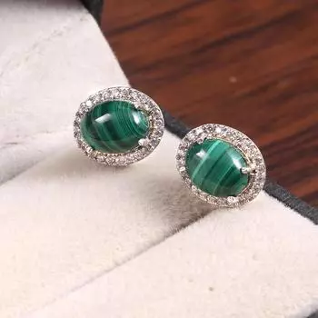 Серьги из малахита в мочке уха Ювелирные серьги Винтажные серьги Бохо Изящные серьги-гвоздики Минималистичные 925 пробы Серебро для мам Жена Подарок ей зелёный