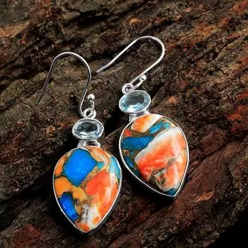 Серьги из меди и бирюзы устриц, серьги с голубым топазом, серебро 925 пробы, ювелирные изделия ручной работы, серебряные серьги