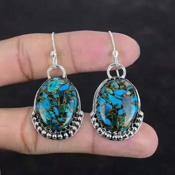 Серьги из меди и хризоколлы, драгоценные камни, серьги ручной работы, серьги из стерлингового серебра 925 пробы, настоящие медные украшения из хризоколлы, подарки для нее