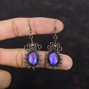Серьги из медного чароита, серьги с драгоценными камнями, обернутые медной проволокой, красивые медные украшения, серьги ручной работы, обернутые проволокой, подарок для матери
