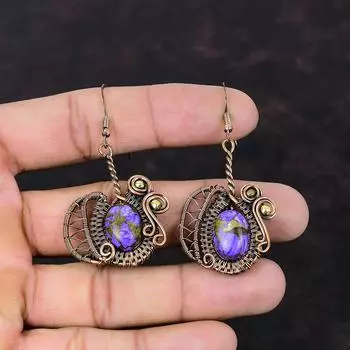 Серьги из медного чароита, серьги из медной проволоки с драгоценными камнями, медные украшения, серьги ручной работы, ювелирные изделия с проволочной обмоткой, подарок для нее, дизайнерские серьги