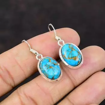 Серьги из медного и синего бирюзового серебра, серьги из стерлингового серебра 925 пробы, ювелирные изделия ручной работы, серьги из высококачественного драгоценного камня, подарок для жены, ювелирные изделия из целебного камня
