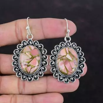 Серьги из медного розового опала, серьги из натурального драгоценного камня, серьги из стерлингового серебра 925 пробы, красивые висячие серьги, украшения ручной работы в стиле бохо, подарки для нее