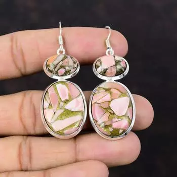 Серьги из медного розового опала, ювелирные изделия из настоящего драгоценного камня, серьги из стерлингового серебра 925 пробы, красивые серьги ручной работы, подарок для мамы, ювелирные изделия из целебного камня