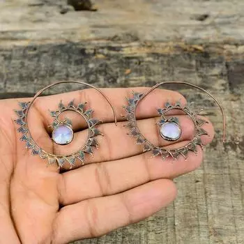 Серьги из молочного опала, гальванопластические медные серьги, гальванопластические ювелирные изделия, высококачественные серьги из драгоценных камней, медные украшения ручной работы, подарок для матери