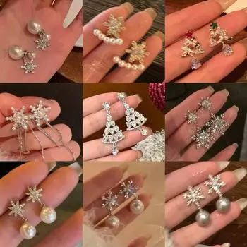 Серьги из настоящего золота с гальваническим цирконием и жемчугом в форме рождественской елки — элегантный и модный дизайн высокого класса 53# красный