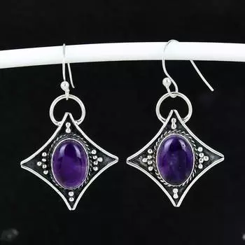 Серьги из натурального аметиста, старинные серьги из стерлингового серебра 925 пробы, серьги-подвески из серебра в стиле бохо, подарки для ваты, подарки для нее 4 Cm фиолетовый